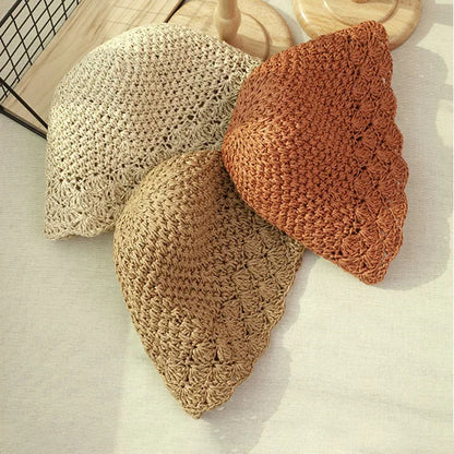 Women Retro Handmade Straw Travel Beach Bucket Hat