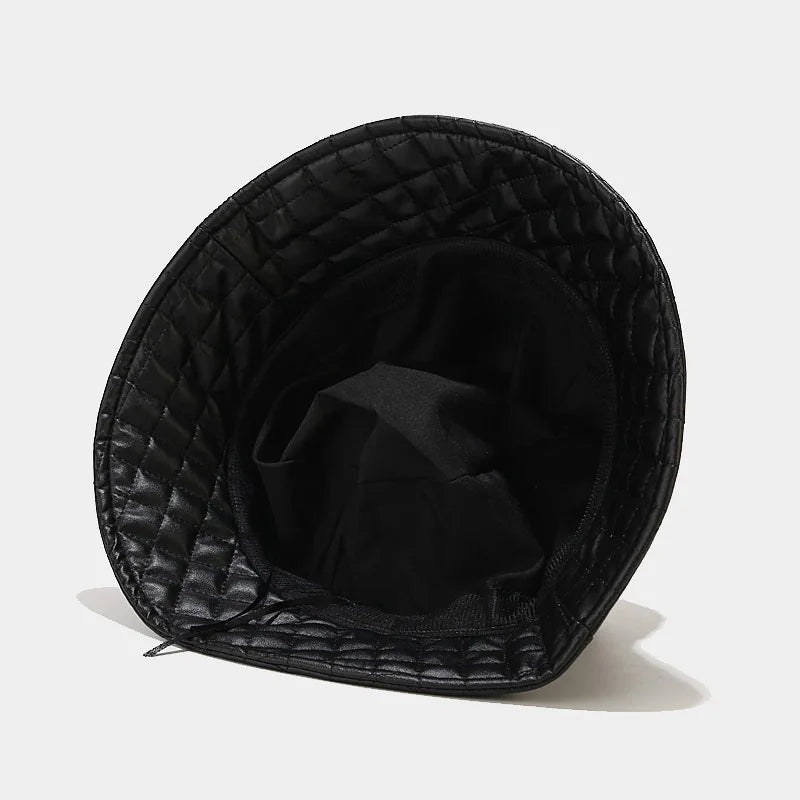 Korean PU Leather Check Winter Bucket Hat