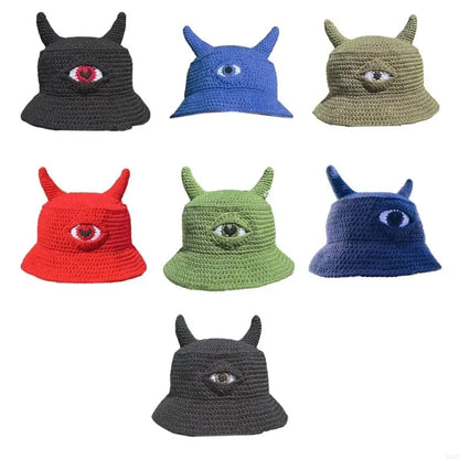 Unisex Devil Horn Knit Halloween Bucket Hat