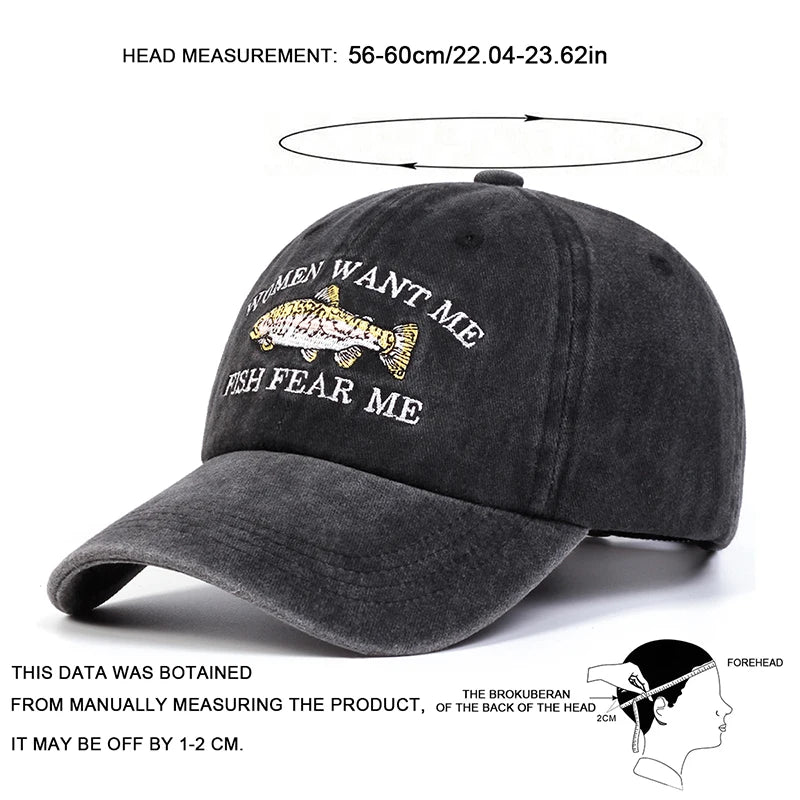 Unisex Fish Embroidery Wash Baseball Caps