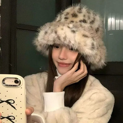 Korean Plush Leopard Faux Fur Bucket Hat