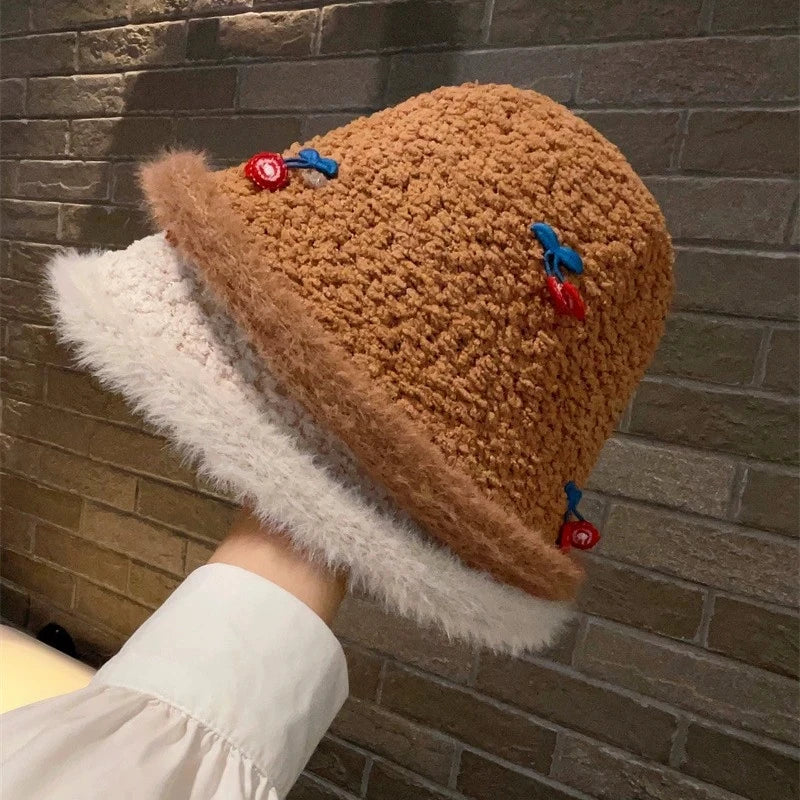 White Plush Cherry Winter Bucket Hat