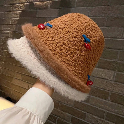 White Plush Cherry Winter Bucket Hat