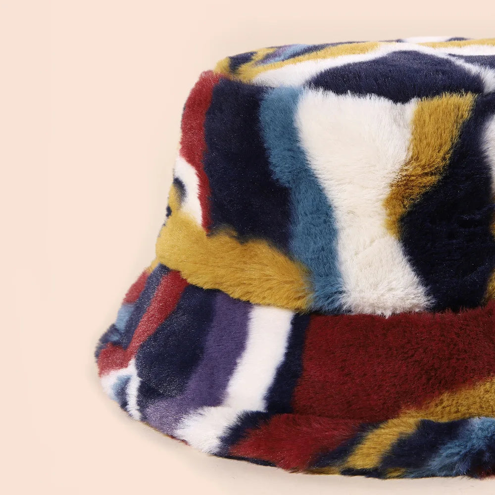 Plush Colorblock Rabbit Fur Bucket Hat