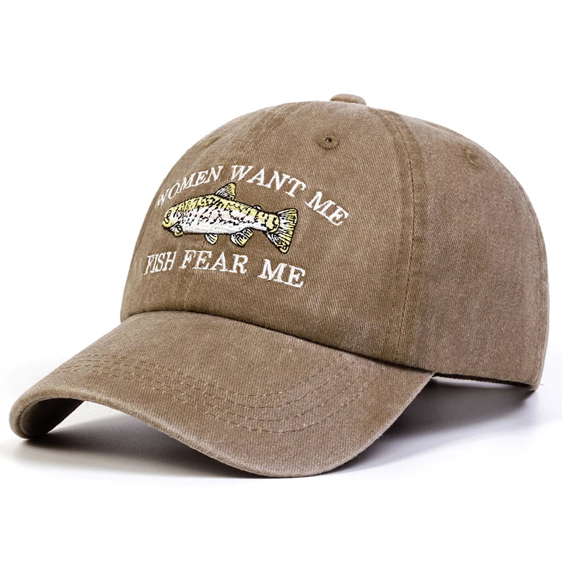 Unisex Fish Embroidery Wash Baseball Caps