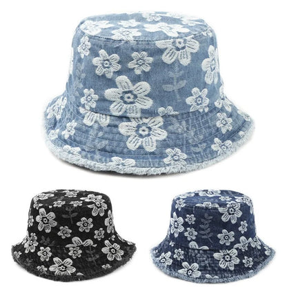 Korean Floral Print Washed Denim Summer Bucket Hat