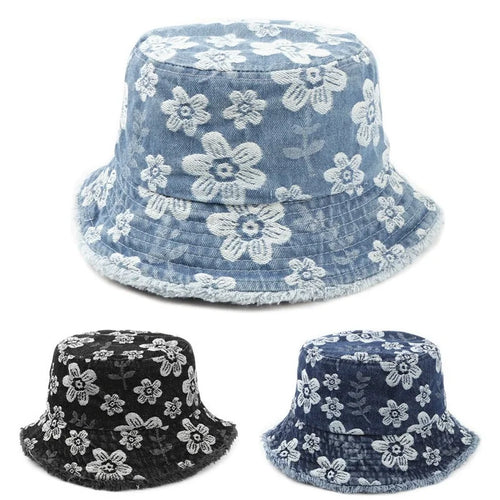 Korean Floral Print Washed Denim Summer Bucket Hat