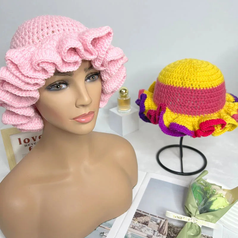 Handmade Crochet Conical Ruffled Brim Bucket Hat