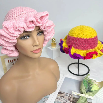 Handmade Crochet Conical Ruffled Brim Bucket Hat