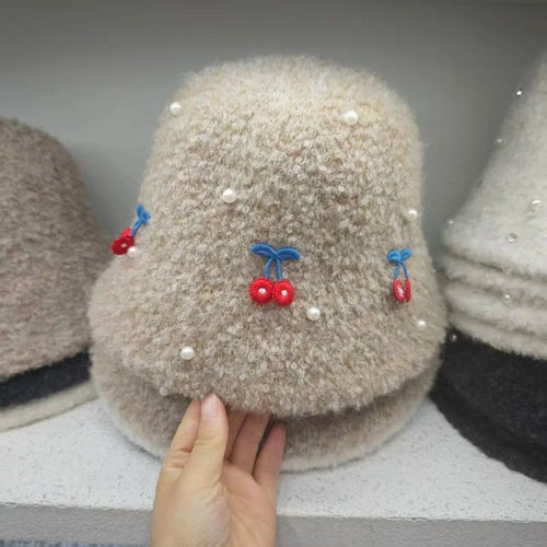 Pearl Cherry Lamb Wool Winter Bucket Hat