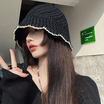 Summer Crochet Hollow Lace Trim Bucket Hat