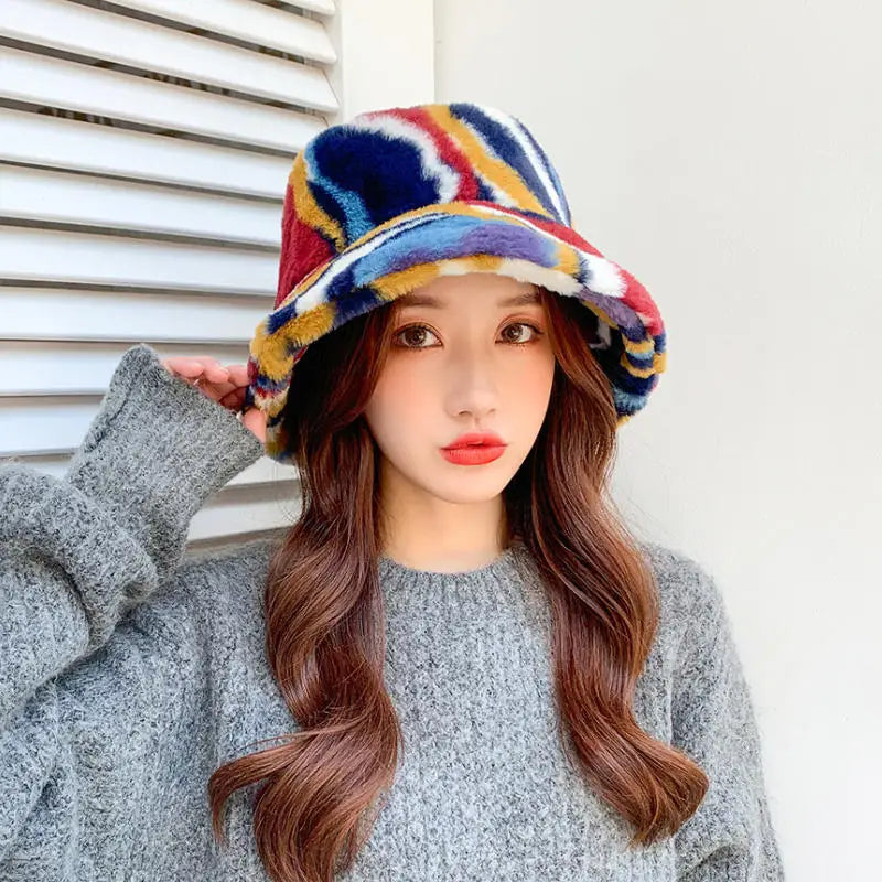 Plush Colorblock Rabbit Fur Bucket Hat