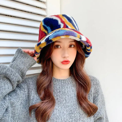 Plush Colorblock Rabbit Fur Bucket Hat