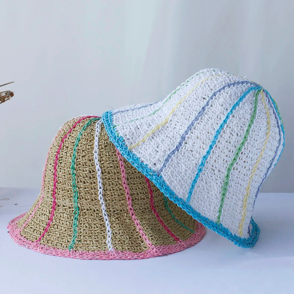 Rainbow Crochet Straw UV Visor Bucket Hat