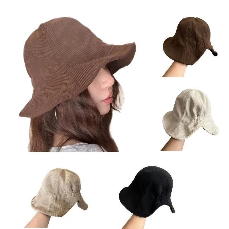 Korean Corduroy Warm Elastic Bucket Hat With Back Slit