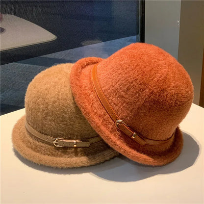 French Style Belt Buckle Wool Bucket Hat