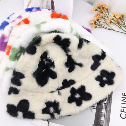 Floral Plush Furry Warm Winter Bucket Hat