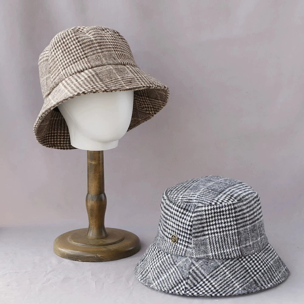 British Checkerboard Wool Wide Brim Bucket Hat