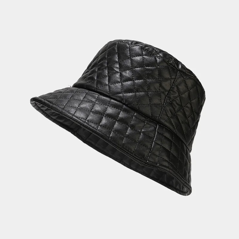 Korean PU Leather Check Winter Bucket Hat