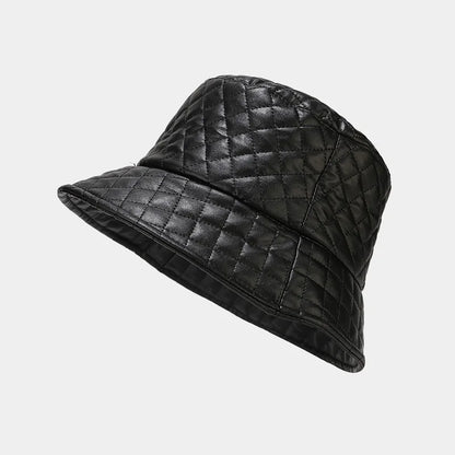 Korean PU Leather Check Winter Bucket Hat