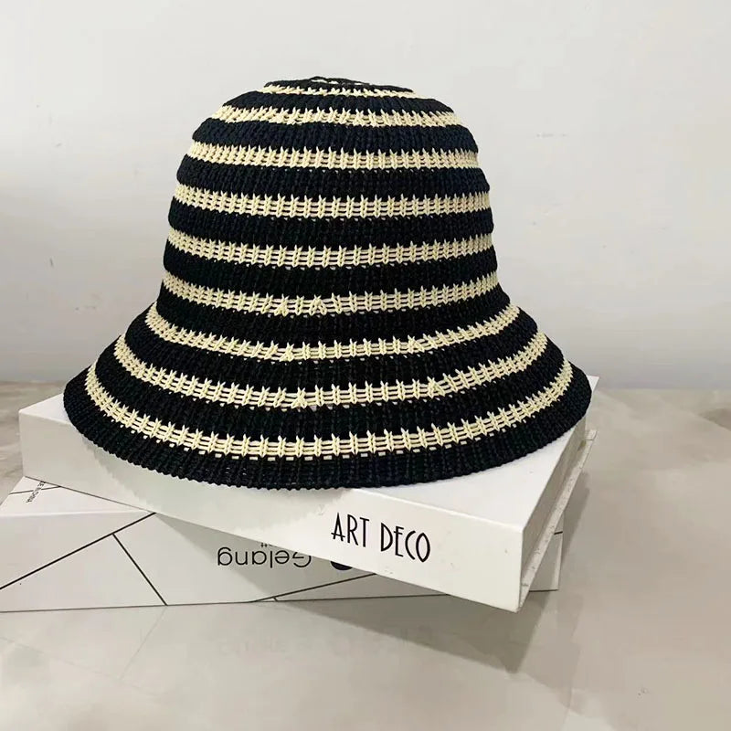 Striped Hollow Weave Breathable Summer Bucket Hat