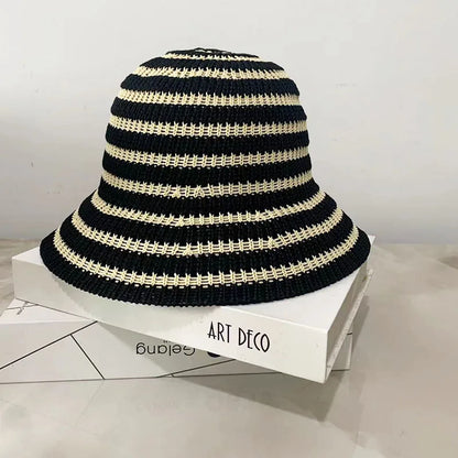 Striped Hollow Weave Breathable Summer Bucket Hat