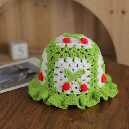3D Cherry Crochet Ruffle Bucket Hat