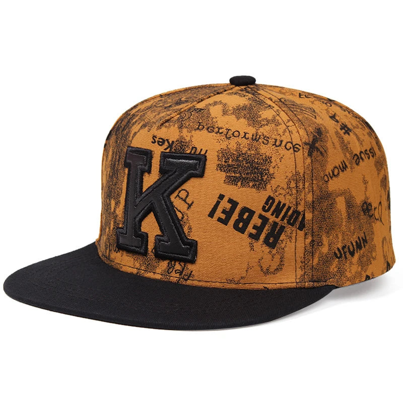 Unisex Letter K 3D Embroidery Flat Brim Hip Hop Baseball Cap