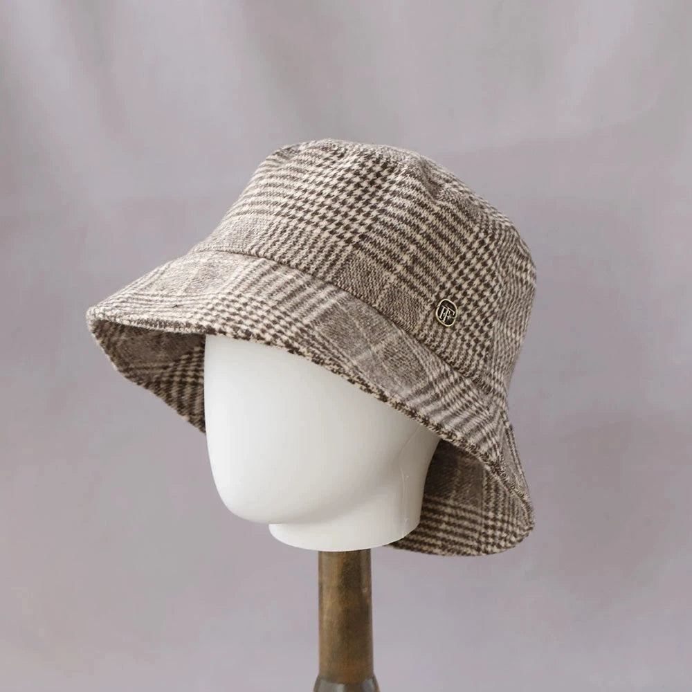 British Checkerboard Wool Wide Brim Bucket Hat
