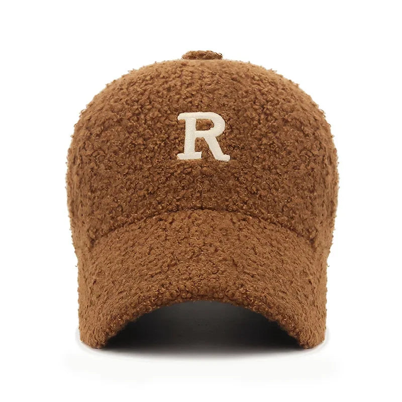 R Letter Embroidered Teddy Fleece Baseball Hat