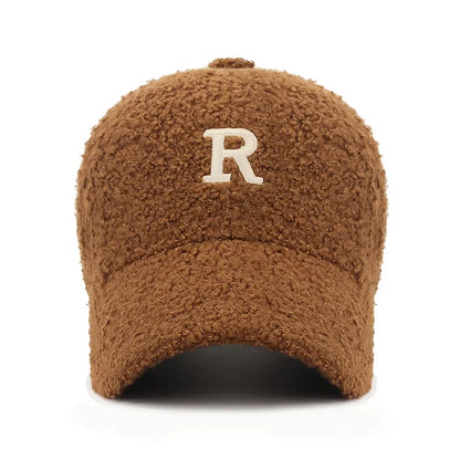 R Letter Embroidered Teddy Fleece Baseball Hat