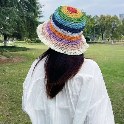 Summer Rainbow Striped Crochet Foldable Bucket Hat