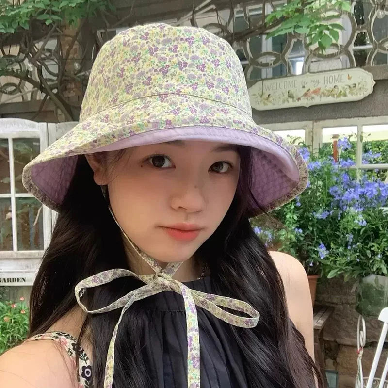 Floral Print Double Sided Lacing Bucket Hat