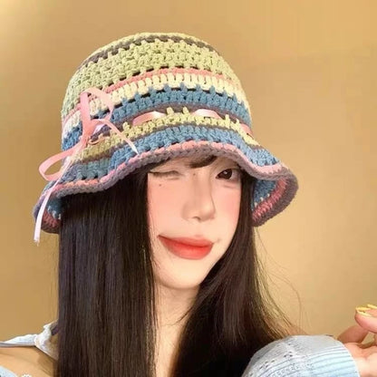 Bow Colored Knitted Hollow Travel Woolen Bucket Hat