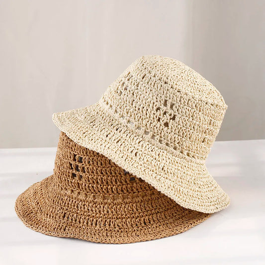 Y2K Korean Handwoven Straw Bucket Hat