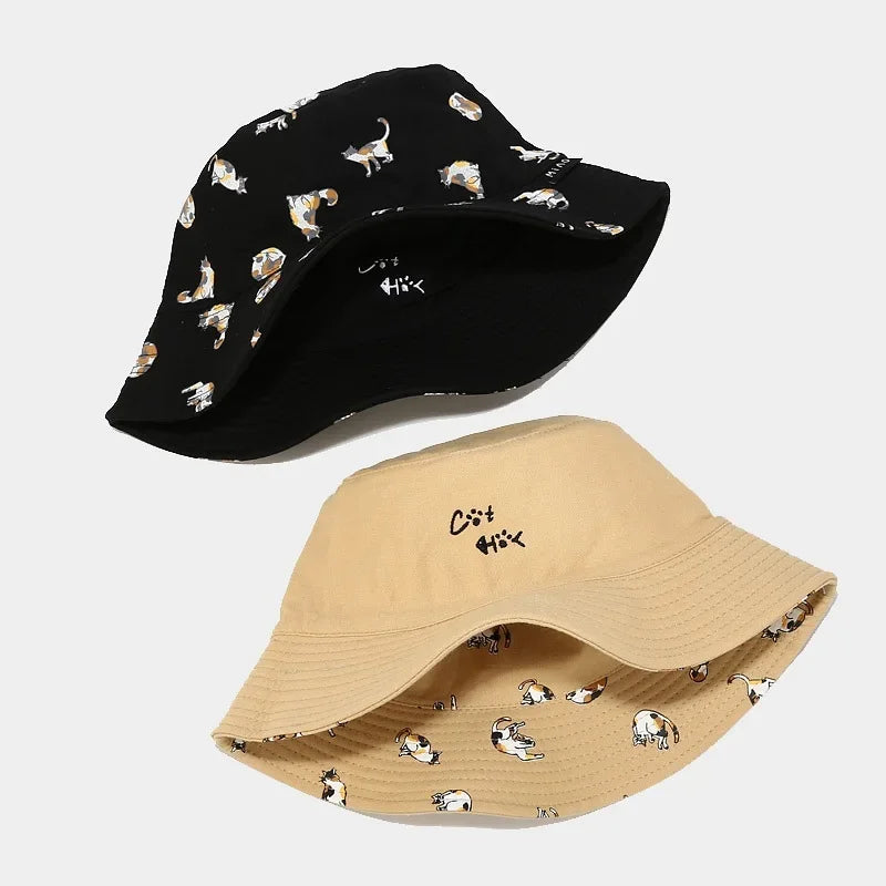 Cartoon Cat Embroidery Cotton Bucket Hat