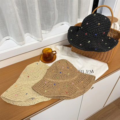 Hand Crocheted Colorful Straw Summer Bucket Hat