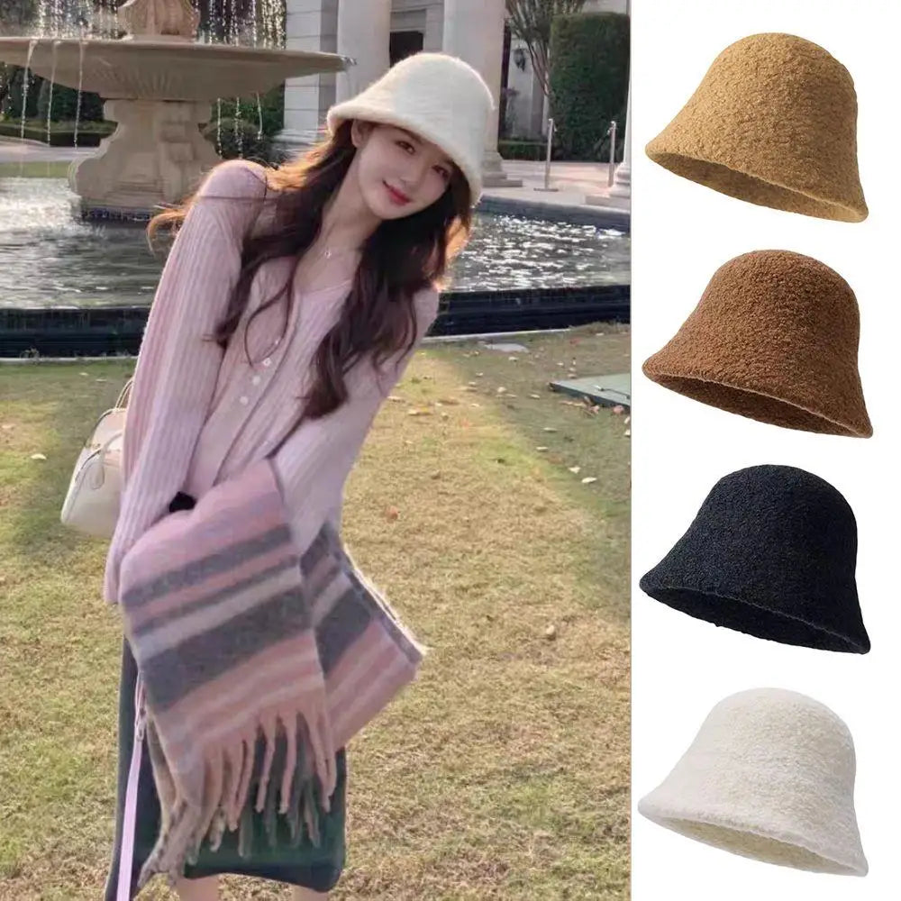 Lamb Wool Solid Warm Winter Bucket Hat