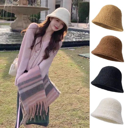 Lamb Wool Solid Warm Winter Bucket Hat