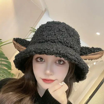 Vintage Winter Sheep Ear Plush Bucket Hat Women Warm Fisherman Cap