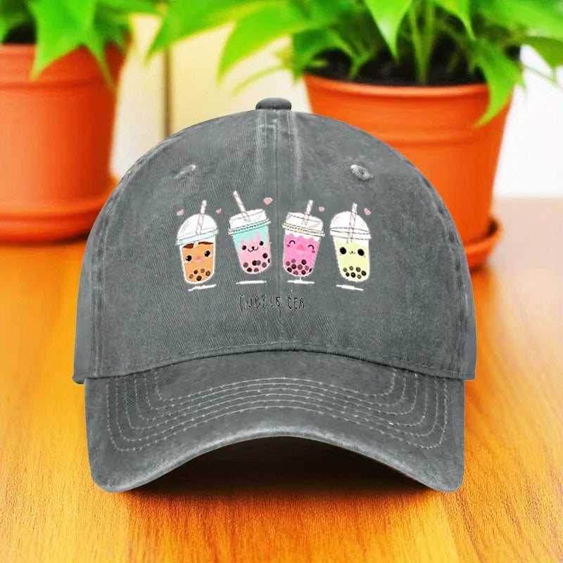 Cute Milk Tea Print Denim Baseball Cap