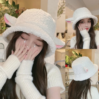 Vintage Winter Sheep Ear Plush Bucket Hat Women Warm Fisherman Cap