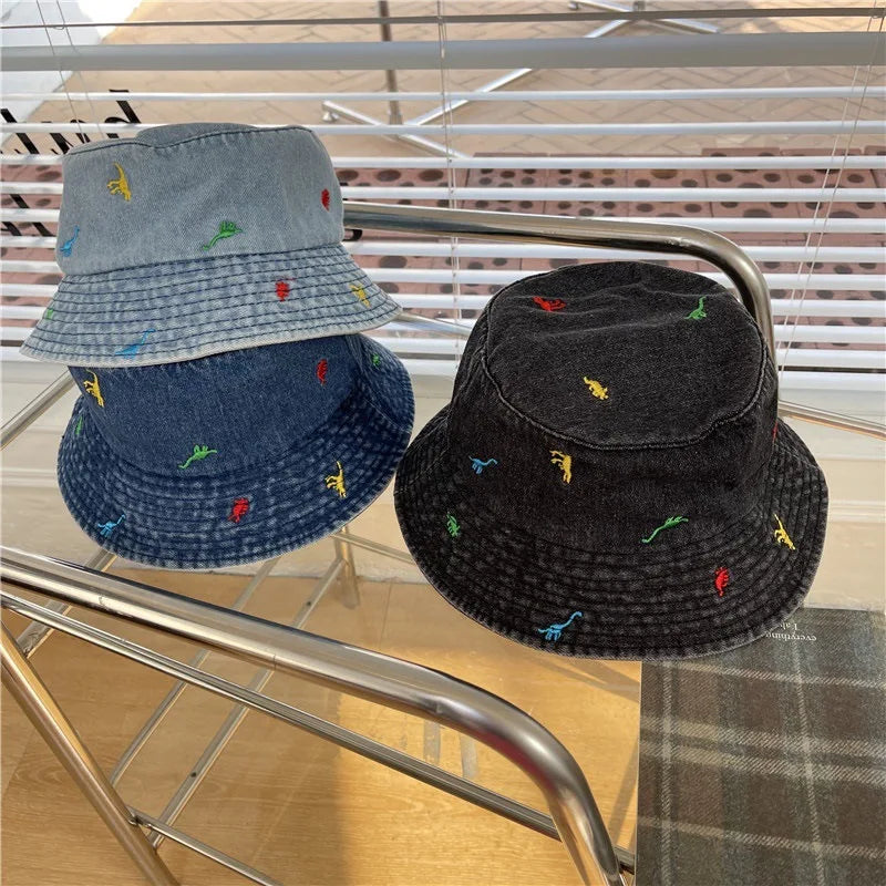 Cute Dinosaur Embroidery Denim Bucket Hat