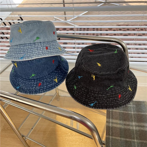 Denim Summer Cartoon Dinosaur Embroidery Bucket Hat