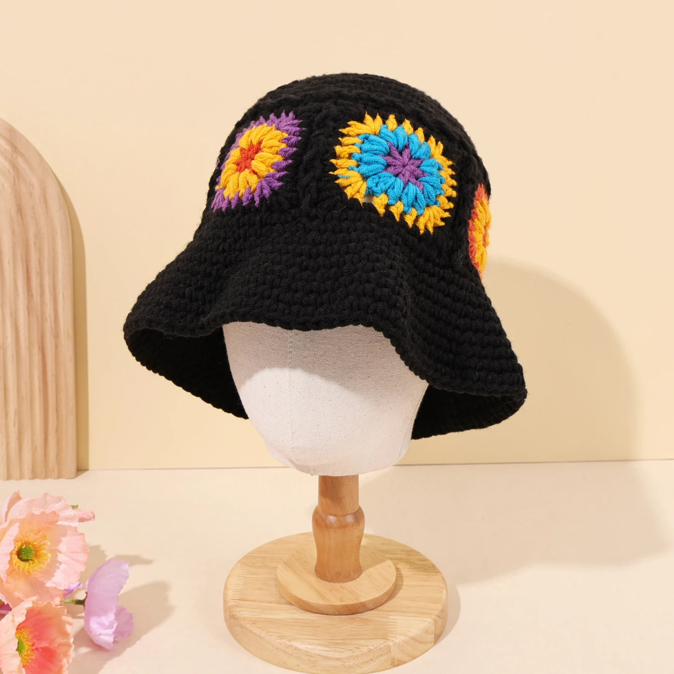 Retro Knitted Hollow Flower Winter Bucket Hat