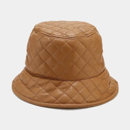 Korean PU Leather Check Winter Bucket Hat