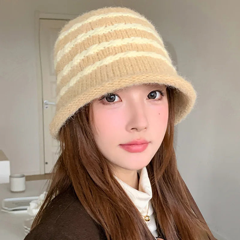 Korean Style Striped Knitted Winter Bucket Hat
