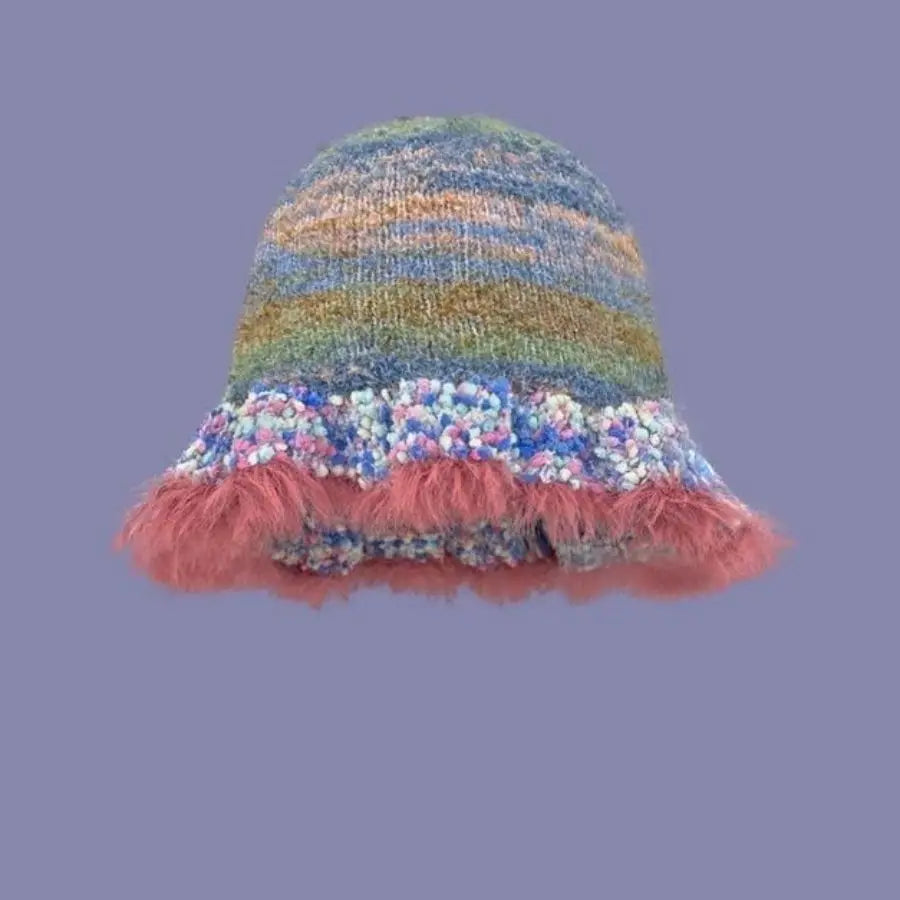 Rainbow Stripe Ruffle Edge Knitted Bucket Hat