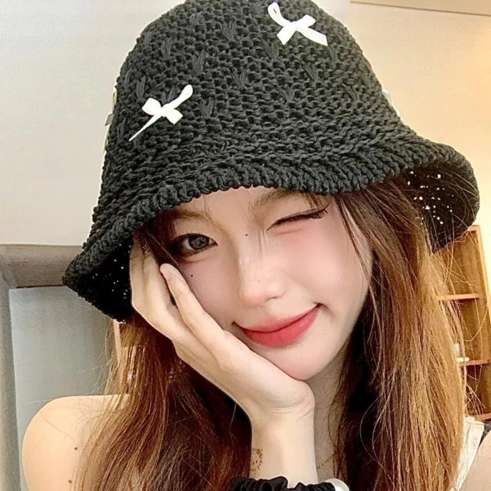 Mini Bow Korean Straw Beach Bucket Hat