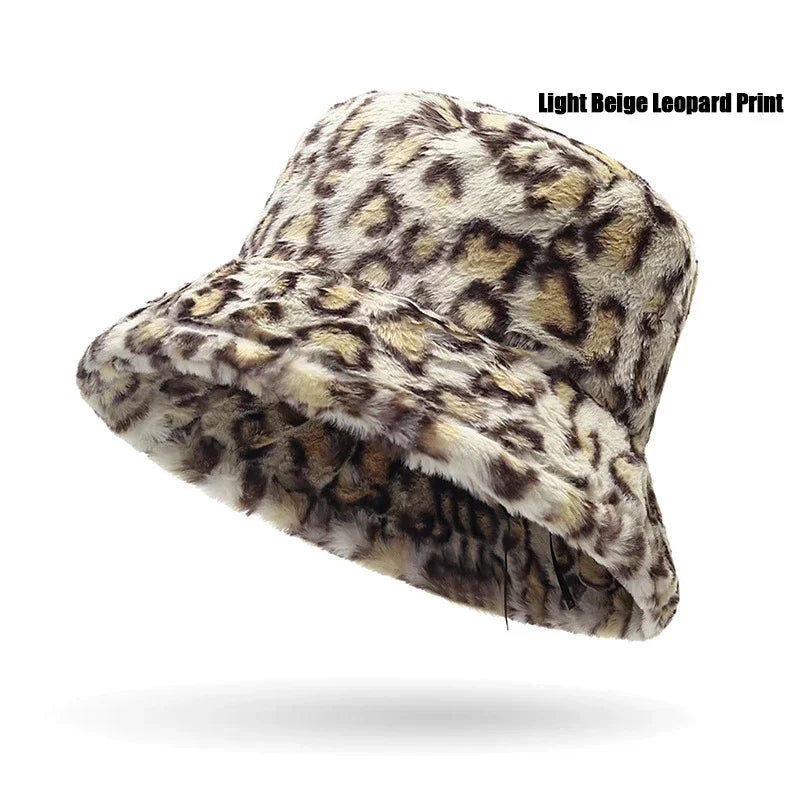 Leopard Print Plush Winter Bucket Hat